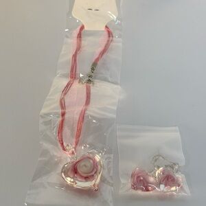 Glass Pink Heart Swirl Necklace & Earrings Set